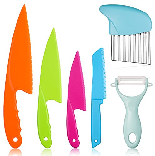 FRIUSATE Knife 6PCS Chopping and Paring Knife Set for Kids, 4 Sizes, Includes Plastic Cutting Board