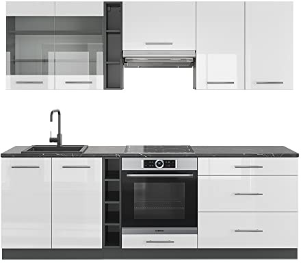 Vicco Küchenzeile Fame-Line, Weiß Hochglanz/Anthrazit, 235 cm ohne Arbeitsplatte, geeignet zur individuellen Erweiterung mit Zusatzmodulen