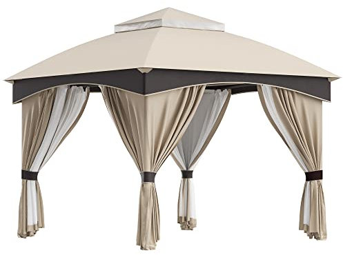 Outsunny Gazebo da Giardino 3x3 m in Acciaio con doppio Tettuccio, Reti e Tende Incluse, Beige e Caffè