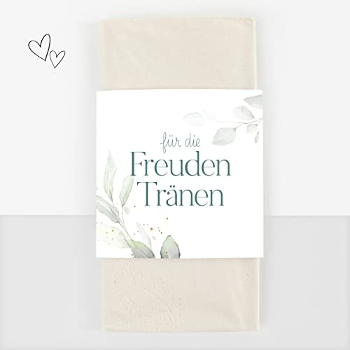 50 Freudentränen Taschentücher Banderolen inkl. Klebepunkte für deine Hochzeit | Eukalyptus türkis - Premium Tränentaschentücher Banderolen Set für Hochzeit, Kirche, Feier, Taufe, Geburtstag