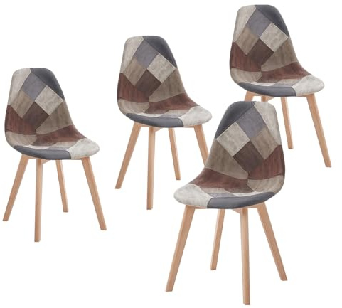HJhomeheart Set di 4 Sedie da Pranzo, Sedia da Pranzo Patchwork Multicolore, Sedia in Tessuto con Gambe in Legno Massello per Sala da Pranzo, Soggiorno (Marrone)