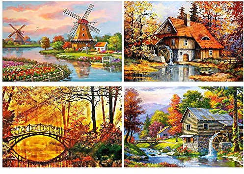 5D DIY Diamond Painting 4er Set 40x50 cm Diamond Painting Landschaften und Natur Diamant Malerei kits Diamant Painting Bilder Brücke Strass Kreuzstich Diamond Painting Landschaft Windmühle Holland