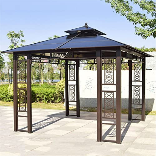 HJDSUDU Doppeldach-Gartenpavillon, Hardtop-Pavillon, Robuster, Dauerhafter Terrassenpavillon Mit 2-Stufiger Oberseite, Stahlhalterung + PC-Oberplatte, Für Terrasse, Rasen, Garten, Deck,3.5x3.5m