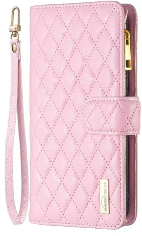 Bnvdfre for Wallet Phone Case for iPhone 12 /iPhone 12 Pro Case Cover Zipper Pocket Flip Leather Folio Case with 6 Card Holder Slots Silicone Bumper Shockproof Wrist Strap Girls Women Case,Pink