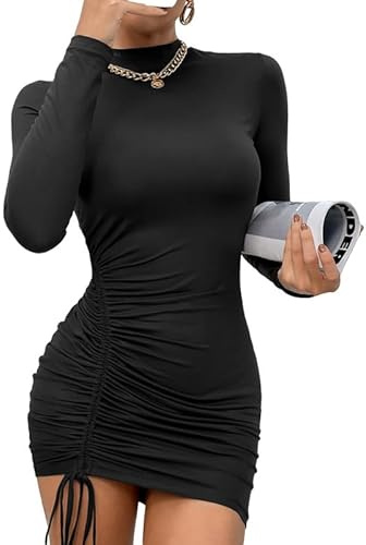Rongseng Figurnära damklänning, ståkrage, bodycon miniklänning, långärmad höstklänning, sexig festklänning med dragsko, figurnära stretch, fritidsklänning med dragsko, mode, snäva klänningar, svart, M