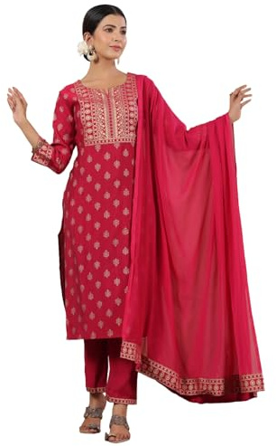 ishin Mezcla de seda para mujer Motivos étnicos Impresión de lámina Fucsia Straight Kurta Traje Conjunto con pantalones y Dupatta…, fucsia, XL