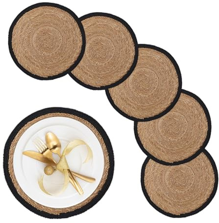 Relaxdays 6 Salvamanteles, para Mesa de Comedor, Jacinto de Agua, Manteles Individuales, Redondos, 37cm Ø, Natural/Negro