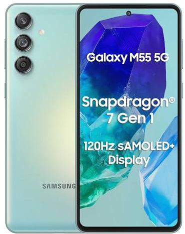 Samsung Galaxy M55 5G (Light Green,8GB RAM,128GB Storage) | 50MP Triple Cam| 5000mAh Battery| Snapdragon 7 Gen 1 | 4 Gen. OS Upgrade & 5 Year Security Update| Super AMOLED+ Display| Without Charger