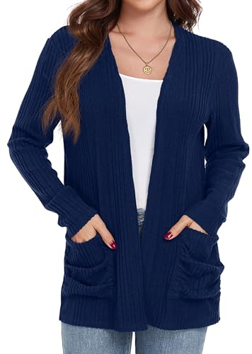 GRECERELLE Womens Cardigans Lightweight Casual Rib Classic Cardigans for Ladies with Pockets (Navy Blue, XL)