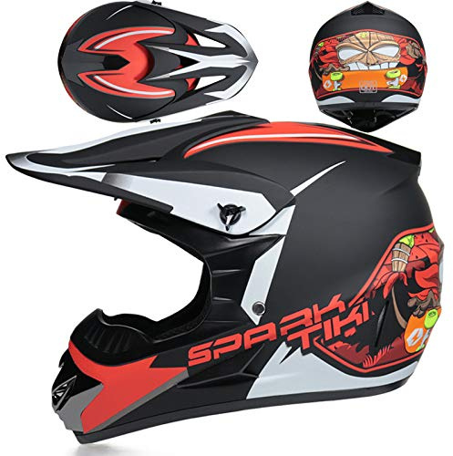 SMTSEC Motorradhelm Cross Damen Herren Full Face MTB Helm Motocross Helm DOT/ECE-Zertifizierter Mit Schutzbrillen Maske Handschuhe Downhill Helm Mopedhelm Schutzhelm Für Cruiser Chopper,Red/D-M