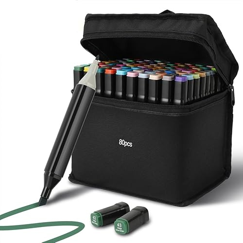 Gugxiom Set med 80 färger, alkohol och markeringspennor, färgstarka graffitipennor, highlighter, med bärväska och stativ, för konstnärer, vuxna, barn, färgning, skissa, design (80 färger)