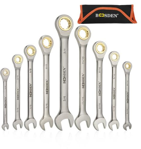 BOOSDEN 9-teiliges Ratschenschlüssel-Set, Ratschen-Ringmaulschlüssel-Sets mit Rolltasche, SAE 1/4-3/4 Zoll für Haushalt, Garage, Autoreparaturen und Boot