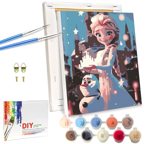 LAISU Eiskönigin Malen Nach Zahlen für Teenager und Erwachsene Anfänger, 18x24cm Paint by Numbers Kleine DIY Cartoon Prinzessin Painting Bastelset mit Rahmen Leinwand Pinseln Acrylfarben für Frauen
