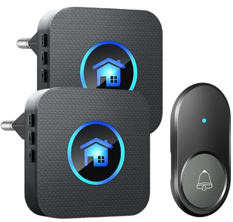 Funkklingel, 300m Reichweite Türklingel Funk mit 2 Plug-In Empfänger, IP 55 Aussen Wasserdicht Klingel Haustür mit 55 Melodien, 5 Lautstärkestufen, Kabellose Türklingel ohne batterie mit LED-Blitz