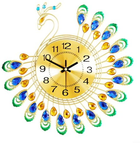 EpheyFIF Orologio da parete 3D a forma di pavone, 38 cm, in metallo silenzioso, decorativo, per soggiorno, arte moderna, decorazione per la casa, elegante ornamento di lusso