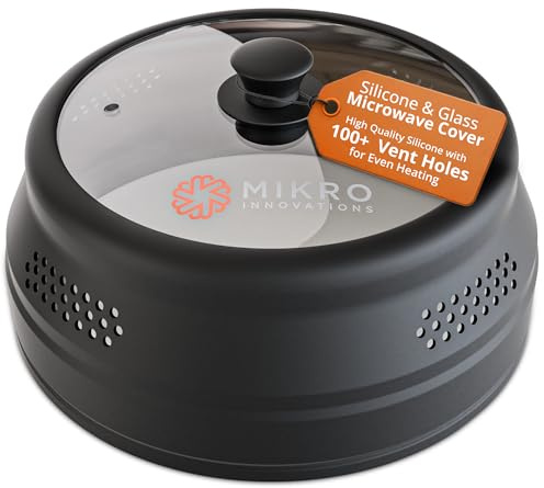 Mikro Innovations Glass & Silicone Microwave Splatter Cover – Tall and Collapsible Design that fits 6-10.5in Plates and Bowls - Space Saving, BPA Free & Dishwasher Safe (1, Black, large)