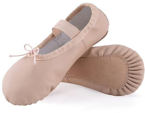 ZDQ Ballettschuhe Mädchen Ballettschläppchen aus Leder Damen Tanzschläppchen Kinder Tanzschuhe Gymnastikschuhe Ballet Schläppchen Ballerinas mit Ganze Ledersohle für Performance Gymnastik Beige 29