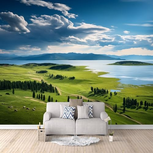 Carta Da Parati Effetto 3D Lago Di Prateria 500x280 cm Fotomurali Non Tessuto, Paesaggio Naturale Decorazione Poster Arte Murale Moderna per Casa Ufficio Camera Da Letto Soggiorno.