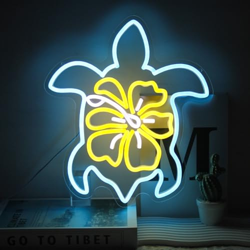 Schildkröte Meerblumen Neon Schild Blume Leuchtschild für Schlafzimmer Deko | Acryl Blau Schildkröten Neonlicht, USB Betrieben, Dimmbar, Gelbe Blume LED Leuchtreklame, Ozea LED Schild für Wohnzimmer Deko