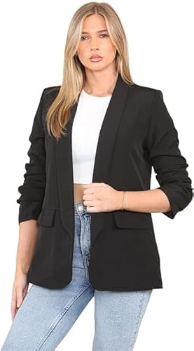 Women’s Ruched 3/4 Sleeve Blazer Jacket Fully Lined Ladies Open Front Plain Smart Casual Work Office Evening Lightweight Blazer Top with Pockets for Formal Wear Business & Party Size 20-22 Black