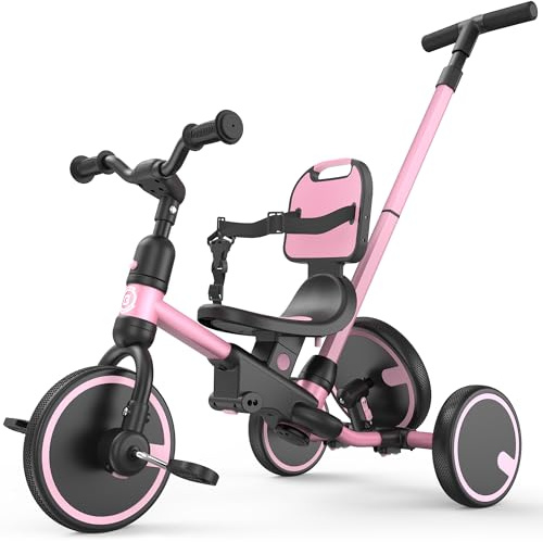 Besrey Triciclo Bambini 5 in 1 – Triciclo Evolutivo con Maniglione e Ruota di Scorta, Bici Senza Pedali per Bambini da 1 Anno e mezzo Dotato di Schienale e Cintura, Regalo Compleanno per Bambine(Rosa)