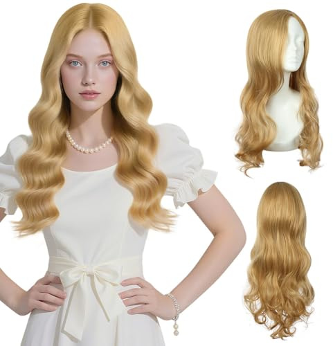 AUYAO Perruque Blond Femme, 2PCS Perruque avec Frange 27 pouces Perruque Bouclée Longueur, Perruques de longue Naturelle résistante à la chaleur pour les femmes Costume de fête Cosplay