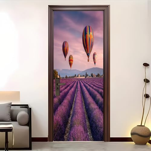 Romantischer Lavendel HeißLuftballon Selbstklebend Türposter Türaufkleber 77x200 cm für Wohn Schlaf Türtapete Lila PVC Wasserdicht Türfolie & 3D Türdekoration für Badezimmer & Wand