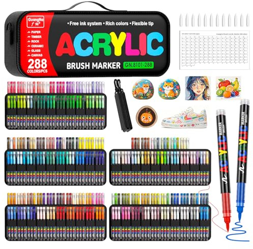 Sanyetral 288 Farben Acrylstifte Set für Wasserfest,Bürstenspitze 1-5MM | Acrylic Marker Set für Holz, Leinwand, Stoff, Glas, Metall, Papier, Keramik, Ostereier, Steinen, Deko