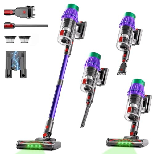 COTIAR Cordless Vacuum Cleaner, 650W 48KPA 60Min Wireless Vacuum for Home, Stick Vacuum with Green Light Anti-Tangle, Rechargeable Vacuum Cleaners for Pet Hair Carpet Hard Floors （Purple）