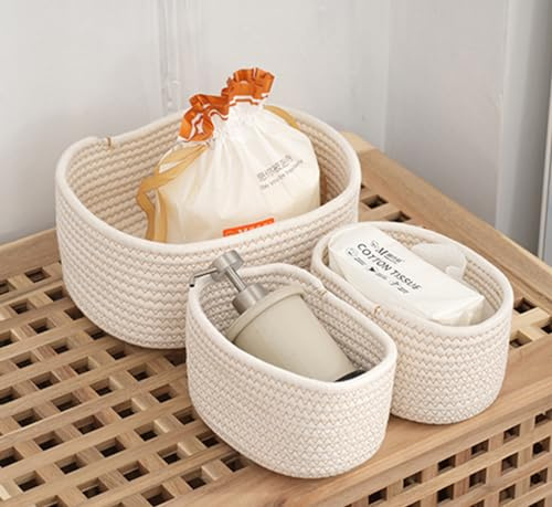 Lydlrum Storage Baskets,White Cotton Rope Woven Bathroom Storage Basket Set of 3, Round Small Basket Box Organizer Bins