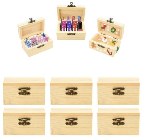 Hyacinthy Mini Schatztruhe Holz-6 Stück DIY Kleine Schatzkiste Holz mit Deckel, Rechteckige Schatzkisten Kindergeburtstag, Kleine Holzkiste für Bemalen Bastelset Geburtstags DIY Dekorieren– 9×5,5×5cm