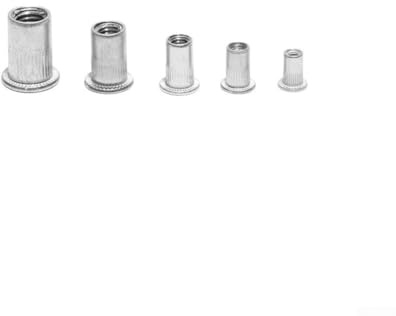 Pumixiy Kit di dadi per rivetti verticali in alluminio, dadi per rivetti cavi a testa piatta per metallo, 5 misure incluse, chiusure filettate antiscivolo, conservazione portatile, 100 pezzi