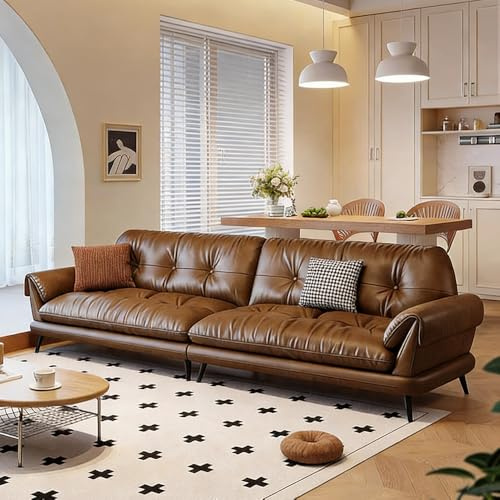 Amerikansk retro modern minimalistisk brun lädersoffa, massiv träram, rymlig och mjuk soffa, modern stor storlek, lämplig för vardagsrum/kontor/lägenhet.