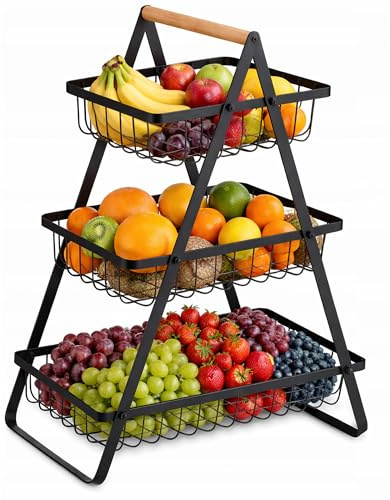 PECZEKO Fruktkorg med tre nivåer – platsbesparande fruktskål och fruktfat av metall med trähandtag – robust fruktstativ för kök, bänkskiva och bord, svart
