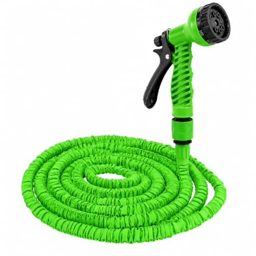 Tubo da Giardino Estensibile 7,5 m (25FT) con Pistola a Spruzzo 7 Funzioni, Tubo Flessibile Antipiega e Antiscoppio, Alta Resistenza, per Irrigazione Giardino, Lavaggio Auto e Pulizia Esterna, Verde