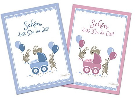 katelein Glückwunschkarte zur Geburt - Schön, dass du da bist - Hasen - Set zu 10 Stück - 5 Mädchenkarten und 5 Jungenkarten - Illustration - Postkarte Glückwünsche