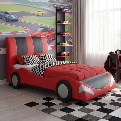 Mendler Bett HWC-E14 Lattenrost Kunstleder Holz 190x100cm - schwarz-rot | Auto, Junge, Kinderbett, Jugendbett