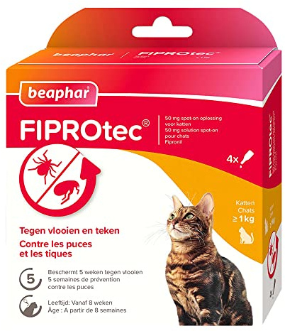 BEAPHAR – FIPROTEC Solution Spot-on pour Chats 50 MG – À Base de Fipronil – Tue Les Puces et Les Tiques à l'application – Traitement Antiparasitaire pour Chat dès 8 Semaines – 4 Pipettes de 0,50 ML
