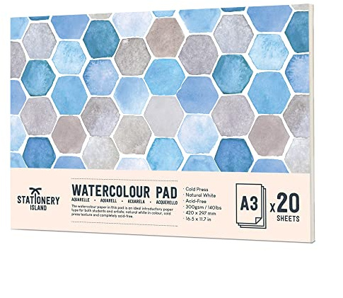 STATIONERY ISLAND Watercolour Paper A3 Pad 300gsm - Natural White 20 Sheets Glue Bound, Cold-Pressed Texture, Watercolour Sketchbook for Painting, Drawing and Mixed Media