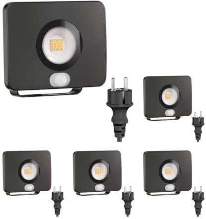 ledscom.de 5x LED Gartenstrahler WEGA für außen, IP44, Bewegungsmelder, Stecker, schwarz, 11,9 W, 880lm, weiß