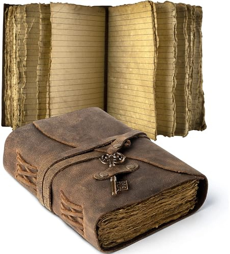 VintageTagebuch aus Leder, linierte Seiten mit Schlüssel, antikes handgefertigtes Tagebuch mit Büttenrand, VintagePapier, Lederbindung, Tagebuch mit Lederbindung, tolles Geschenk