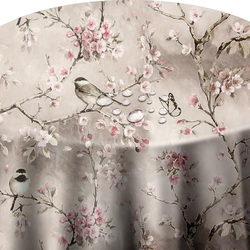 Wachstuch Wachstischdecke Tischdecke Größe und Muster wählbar Vogel Spatz Grau Beige Rund ca. 140 cm abwaschbar Gartentischdecke