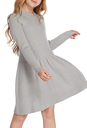 Arshiner Vestidos y Mamelucos de Manga Larga para niñas, Vestido suéter de Punto Acanalado, Vestido Jersey, Vestido de Fiesta, Regalos para niños, Gris 150