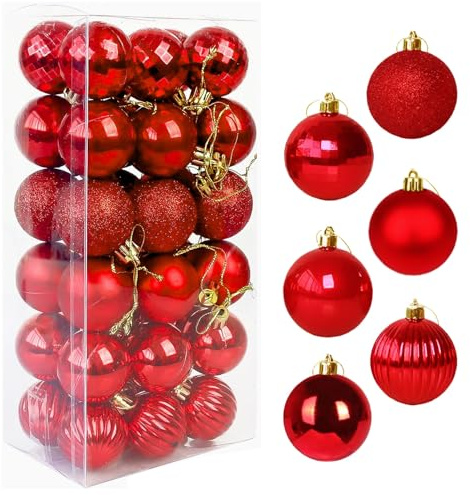 Favuit Christmas Baubles, Christmas Tree Decorations Ornament Balls Shatterproof Xmas Tree Plastic Hanging Ball 4cm 36pcs Baubles Glitter Pendant Bulk Set for Holiday Wedding Party Decor(red)