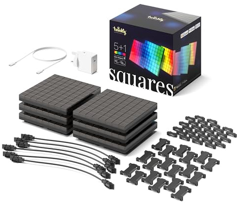 Twinkly Squares – 6 App-Controlled LED Panels with 64 (8x8) RGB (16 Million Colors) Pixels. Combo Pack. USB-C Powered Connection. Black. Indoor Smart Home Lighting Decoration.