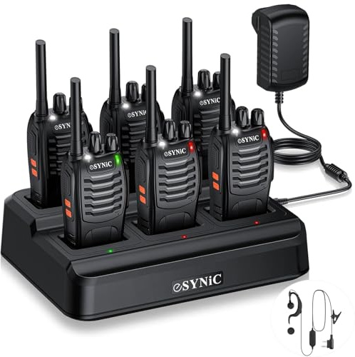 eSynic Walkie Talkie Lizenzfrei PMR446 16 Kanäle Funkgeräte Wiederaufladbarer VOX Radio PMR 0,5 W Funkempfang 16 Kanäle Sprechfunkgerät Mit Alles-in-einem-Ladestationn und Headset, (Schwarz, 6 Stück)