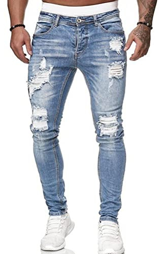 Oanviso Jean Troué Homme Mode Skinny Slim Fit Pantalon Denim Styles Déchiré Sport Trousers avec Fermeture Éclair Casual Pants Trekking Outdoor Cargo Vintage A Bleu Clair XXL