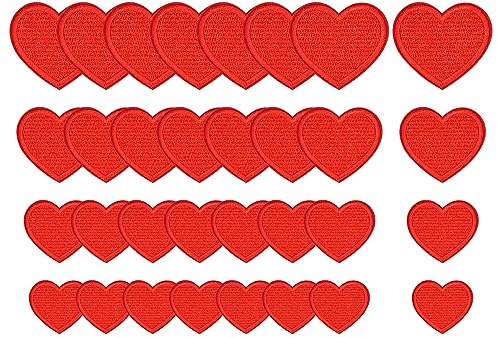 32 Stück bestickte Stoffaufkleber mit rotem Herz, Paar-Stickflicken, Nähflecken für Kleidung, DIY-Dekorationszubehör, geeignet für Kleidung, Hüte, Rucksäcke