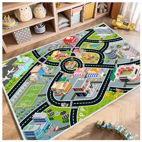 Kids Car Rug, Carpet Playmat for Toy Cars and Train, Road Traffic Play Mat for Kids, Play Area Rug with Non-Slip Backing, Ideal Gift for Children's Room playroom(3.3×4.9ft/39×59in)