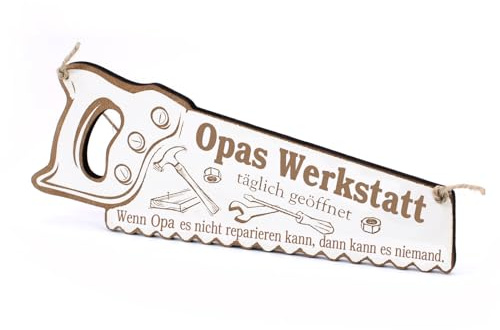 Holzschild „Opas Werkstatt – täglich geöffnet“ aus weißem HDF mit Gravur – Dekoschild in Sägeform mit Kordel – Geschenk für Opa, Handwerker & Bastler – Werkstatt-Deko 24 x 10 cm